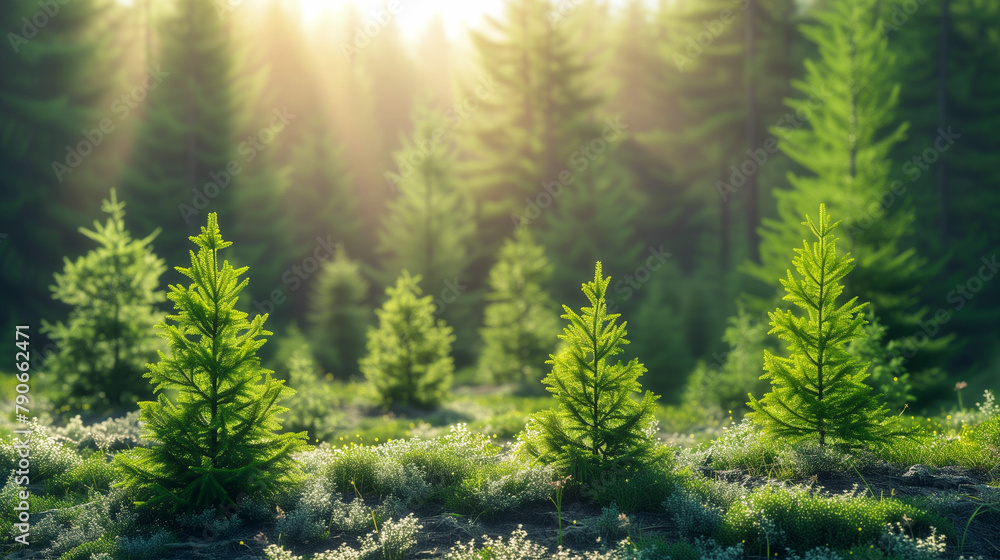 Young Small Green Spruce Trees in Sunny Forest. Nature, Oxygen, Clean Air. Sustainability, Ecology, Environmental Activism, Climate Change. Planet Earth, Vegetation, Fauna. Outdoors, National Park Young Small Green Spruce Trees in Sunny Forest. Nature, Oxygen, Clean Air. Sustainability, Ecology, Environmental Activism, Climate Change. Planet Earth, Vegetation, Fauna. Outdoors, National Park