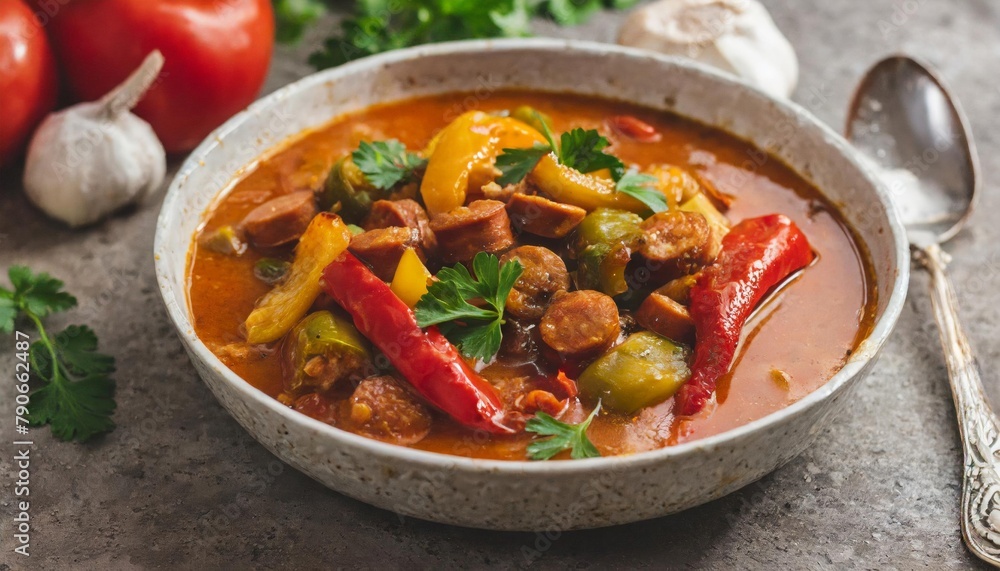Close-up of Vegan Gumbo featuring bell peppers and mock sausage in a zesty tomato broth. Rich, spicy, and ideal for highlighting flavorful plant-based Southern cuisine Close-up of Vegan Gumbo featuring bell peppers and mock sausage in a zesty tomato broth. Rich, spicy, and ideal for highlighting flavorful plant-based Southern cuisine