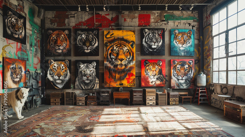 A room with a wall of colorful, hand-painted animal portraits.