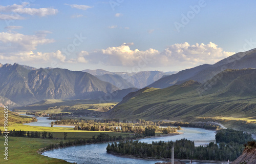 blue Katun river in Altai mountains landscape photo