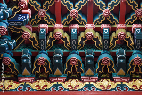 Close-up of the temple's ornate caisson . Taiwan traditional temple crafts culture. Nankunshen Daitian Temple,Tainan City,Taiwan. photo