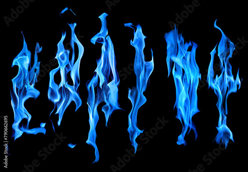 six bright sparks of blue flames on black