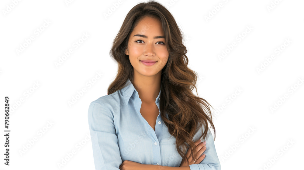 Smiling young Asian woman with arms crossed in light blue shirt isolated on transparent background Smiling young Asian woman with arms crossed in light blue shirt isolated on transparent background