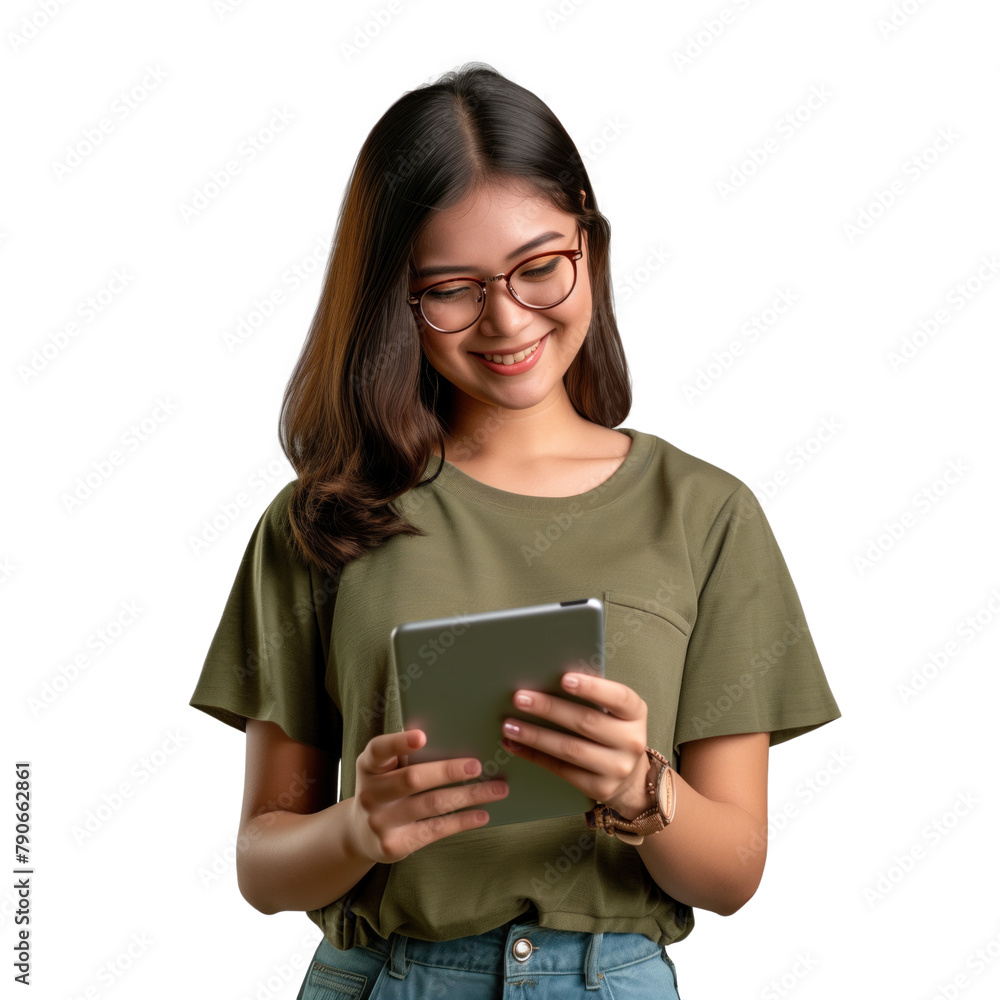 Happy young woman with glasses using a tablet isolated on transparent background Happy young woman with glasses using a tablet isolated on transparent background