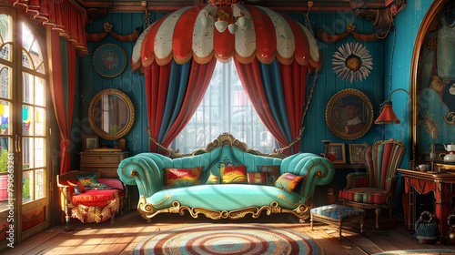 A room with a whimsical circus-themed wallpaper.
