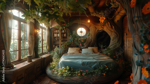 A whimsical treehouse bed nestled in a corner.