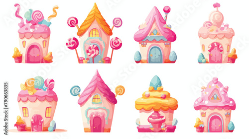 Candy houses set. Fairy tale buildings with whipped
