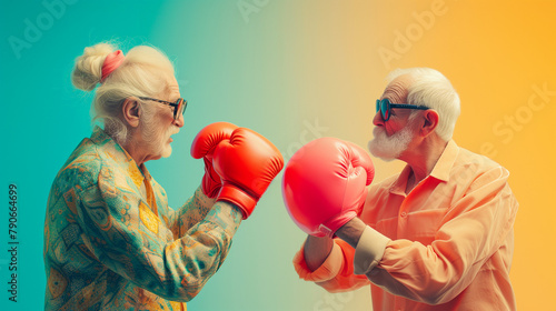Old Senior Mature Gay Couple Fighting on Vacation, Boxing. Argument, Problem, Conflict, Quarrel. Elderly, Retirement, Marriage. Absurd Sport, Having Fun. Retro, Vintage. Caricature, Comedy, Humour.