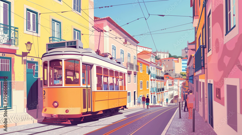 Obraz premium copy space, illustration, handdrawn cartoon style, Photo of a tram in Lisbon, Portugal with people walking in the street and buildings along the streets. daylight. An old yellow tram moving down cobbl