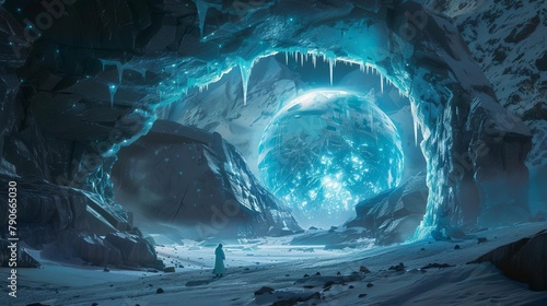 Deep beneath the Arctic permafrost, a glowing bioluminescent ice cavern encases a massive spherical ice formation photo