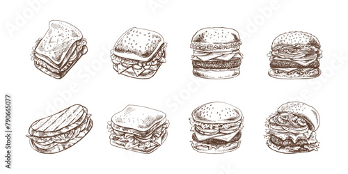 Burgers and sandwiches set. Hand-drawn monochrome sketches of different burgers and sandwiches with bacon, cheese, salad, tomatoes, cucumbers etc. Fast food retro vector illustrations.
