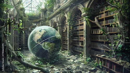 An antique globe encased in a cracked glass dome, vines and roots overtaking it in an overgrown library