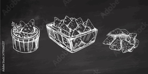 Hand-drawn sketch of nachos in a glass bowl, bowl with guacamole, nachos and parsley leaves with a handful of nachos. Vintage drawing on chalkboard background. Mexican food.