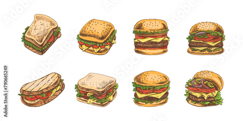 Burgers and sandwiches set. Hand-drawn colored sketch of different burgers and sandwiches with bacon, cheese, salad, tomatoes, cucumbers etc. Fast food retro vector illustrations.