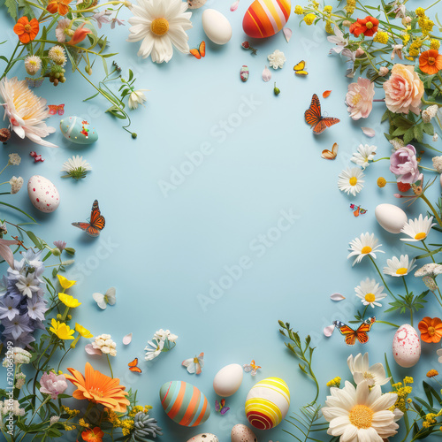 flat layout Easter background with Easter eggs  flowers and butterflies.
