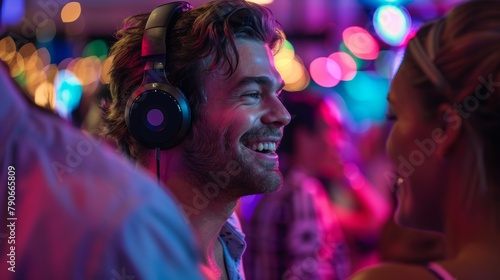People dancing to techno, rave, or club music at night in social lifestyle, lights, and neon. Festival and teenage audience on dance floor for concert, listening, and smiling.