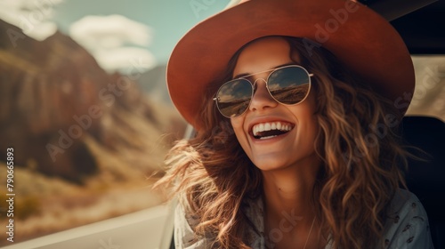 On a sunny holiday, a young gorgeous woman's car rear view mirror reflects. Caucasian woman in a car with sunglasses and a cap driving on the road and smiling at her reflection.