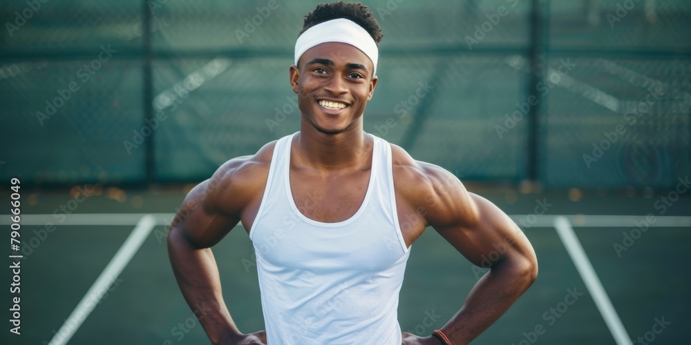 Portrait of cheerful mixed-race tennis player alone on court. Fit Hispanic sportsman with hands on hips and club confidence. Prepared for a fit game