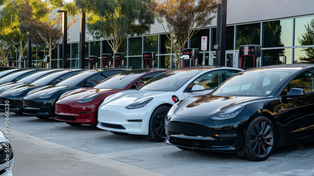 A fleet of electric cars lined up at a corporate campus, promoting green transportation
