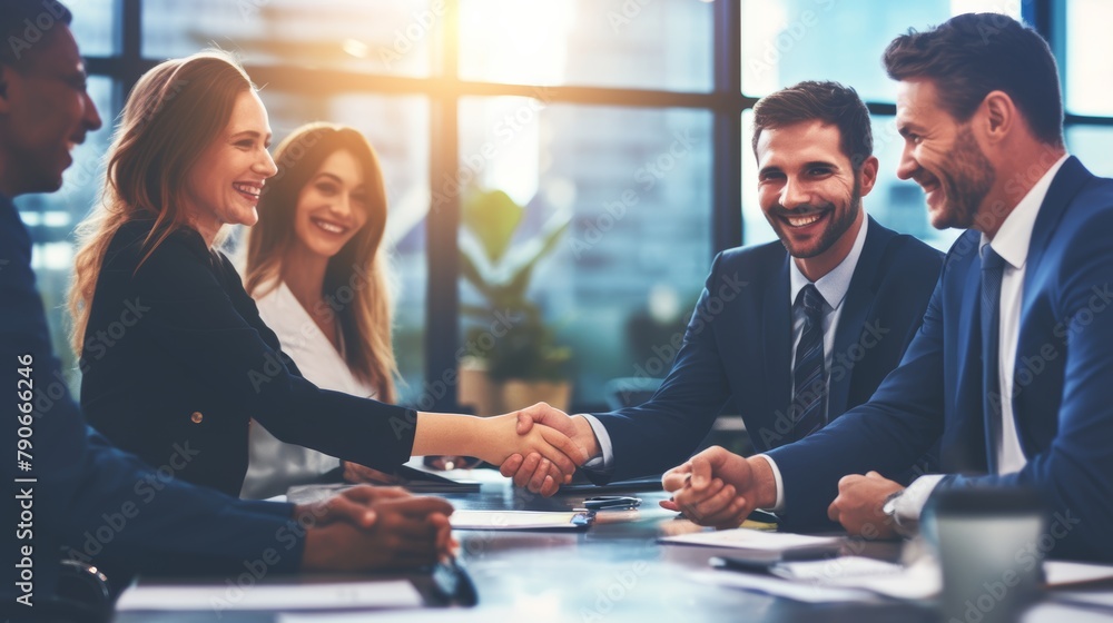 Mixed businesspeople meeting at a table at work. Office workers discussing and planning. Young Caucasian businessman shaking hands with mixed-race businesswoman Mixed businesspeople meeting at a table at work. Office workers discussing and planning. Young Caucasian businessman shaking hands with mixed-race businesswoman