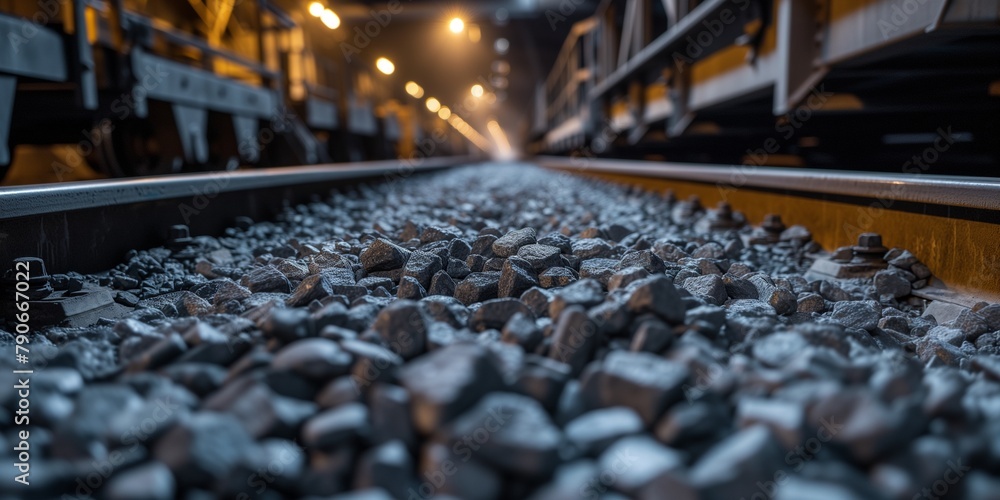 Fototapeta premium opencast mine coal on belt conveyor. The production industry process in the Thermal Power Plant transport. coal ore mining industrial site