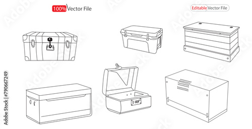  New Trunk Stock Vector Illustration and Royalty Free  symbol des  Trunk box silhouette outline design collection . Fashion accessory technical illustration.  Vector trunk  satchel front.  trunk box s