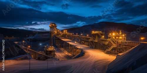 landscape of coal ore mining and processing plant, loading and transportation. crushed stone plant panorama of night