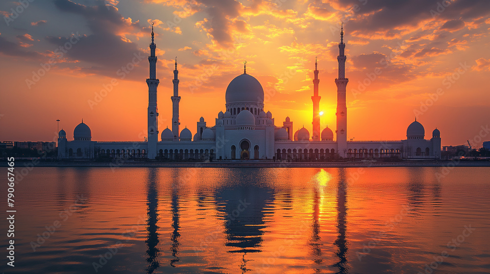 1. Golden Mosque Silhouette: A magnificent mosque silhouette against a backdrop of a vibrant sunset sky, adorned with intricate Arabic calligraphy and geometric patterns, symbolizi - obrazy, fototapety, plakaty 