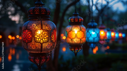 2. Eid Celebration: A joyous scene depicting families and friends gathered for Eid al-Fitr celebrations, with colorful lanterns illuminating the night sky and intricate Islamic pat