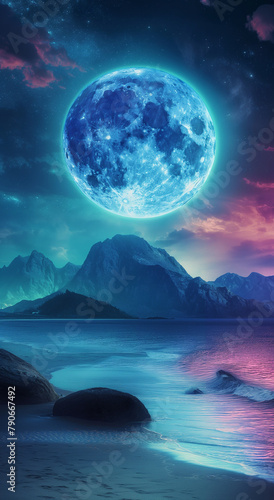 Fantasy Moon Over Surreal Mountain Landscape 