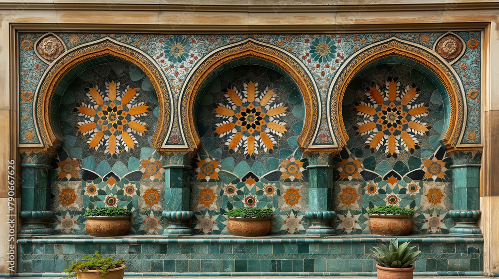11. Islamic Floral Patterns: A close-up view of vibrant Islamic floral patterns adorning the walls of a historic mosque, with intricate motifs inspired by nature's beauty and metic