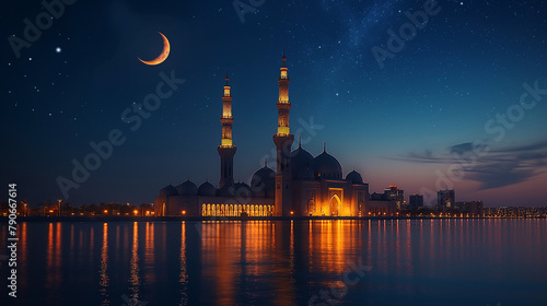 9. Islamic Crescent Moon and Star: A serene nighttime scene featuring the iconic Islamic crescent moon and star set against a backdrop of a starry sky, symbolizing faith, guidance,