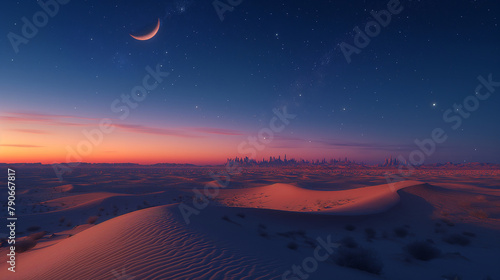 18. Islamic Crescent Moon Over Desert  A breathtaking desert landscape illuminated by the soft glow of the Islamic crescent moon  with shimmering sand dunes stretching to the horiz