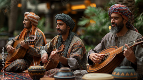 19. Arabic Music Performance: A vibrant musical performance featuring traditional Arabic instruments such as the oud, qanun, and darbuka, with musicians dressed in colorful attire