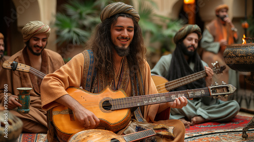 19. Arabic Music Performance: A vibrant musical performance featuring traditional Arabic instruments such as the oud, qanun, and darbuka, with musicians dressed in colorful attire