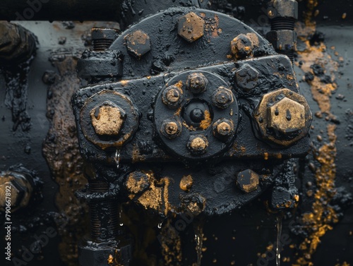 Close-up of a rusty, oil-covered machinery part with drips and corrosion.