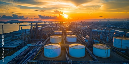 oil terminal storage tank. Aerial view chemical petroleum petrochemical refinery product at Sunset Time