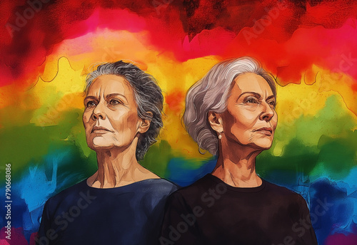 Two middle-aged LGBTQ women against the background of the LGBT flag. Illustration in watercolor style. Pride month. Stand together for love