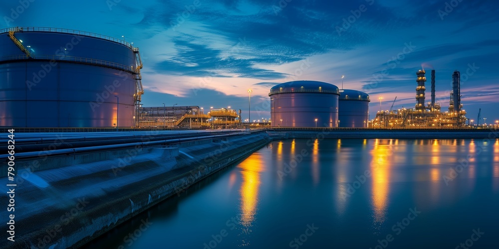 Fototapeta premium oil terminal storage tank. Aerial view chemical petroleum petrochemical refinery product at Sunset Time