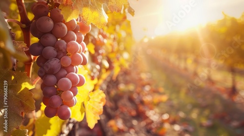 Ripe Grapes on Vine in Vineyard at Sunset photo