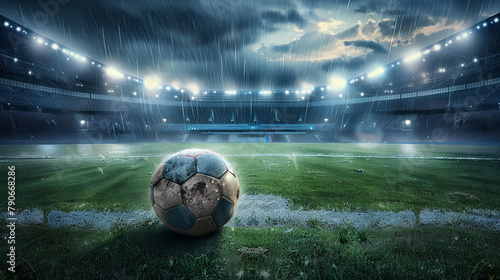 Soccer Ball on Rainy Field with Stadium Lights