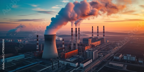 arial drone top view shot of nuclear power plant with cooling towers chimney steaming with blue sky background photo