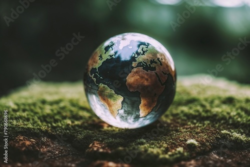 A glass globe on a bed of vibrant moss, symbolizing the fragility of Earth nestled in nature.