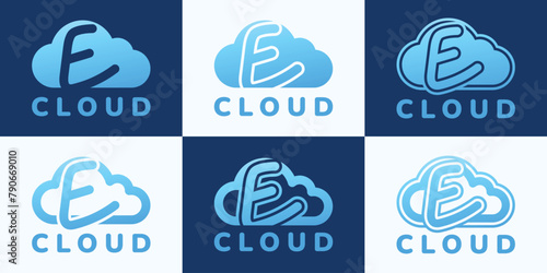 Set of letter E blue cloud logo. This logo combines letters and cloud shapes. Suitable for internet companies, apps, digital storage and the like.