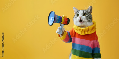 Fashionable cat announcing using megaphone. Notifying, warning, announcement.