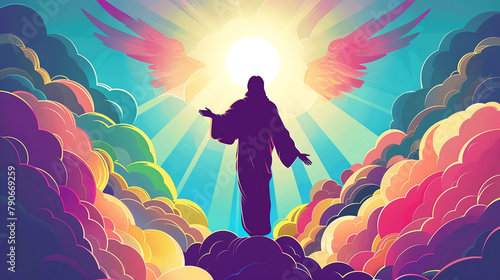 Vector illustration of resurrected Jesus Christ ascending towards sky. God, Heaven and Second Coming