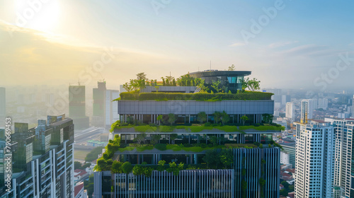 A modern office building with a rooftop garden