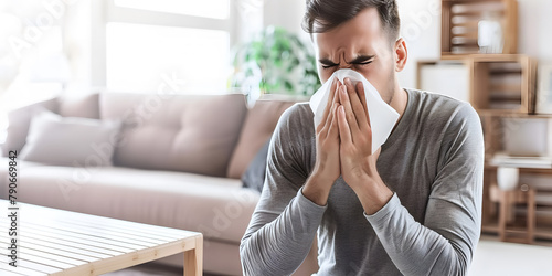 Young man suffering from runny nose or nasal blocking. Common cold or flu patient with rhinitis photo