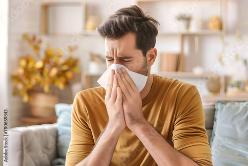 Young man suffering from runny nose or nasal blocking. Common cold or flu patient with rhinitis photo