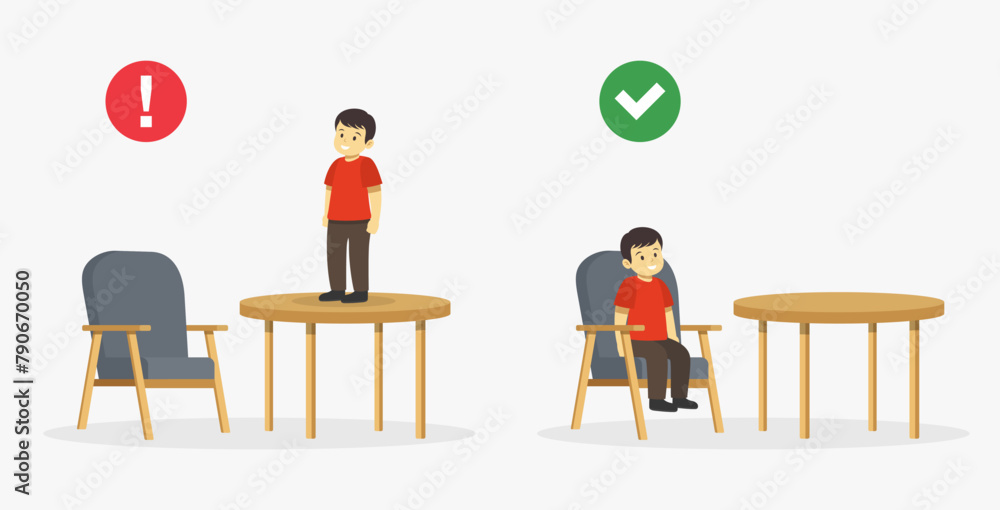 Safety rule for kids. Dos and don'ts. Happy male kid sits on an armchair and other boy climbed on a table. Flat vector illustration template. Safety rule for kids. Dos and don'ts. Happy male kid sits on an armchair and other boy climbed on a table. Flat vector illustration template.